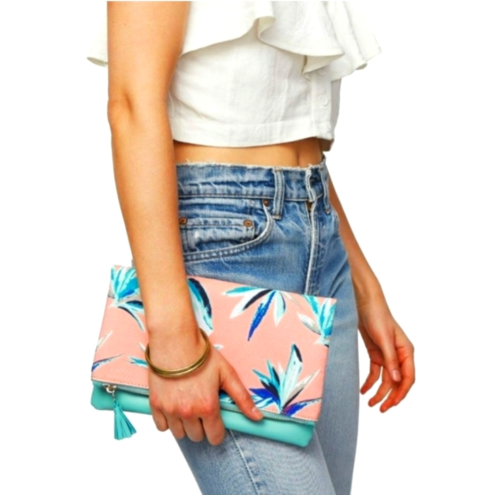 Rachel Pally reversible pink paradise palm clutch